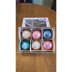Vintage West Germany Glass Christmas Ornaments Set 6 Boxed Pink Gold Green Blue
